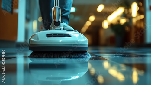 A close up of a janitor using a polishing machine to clean the floor