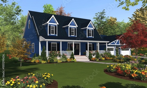 a blue and white American colonial house with a large front porch. Blue siding panels, gable roof. Large windows. Black shutters on each window. Green grass in the yard with trees.