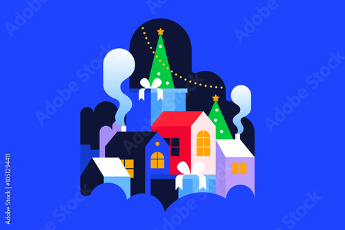 Christmas winter village among snowdrifts, falling snow, trees and festive garlands. in a geometric minimal flat style.