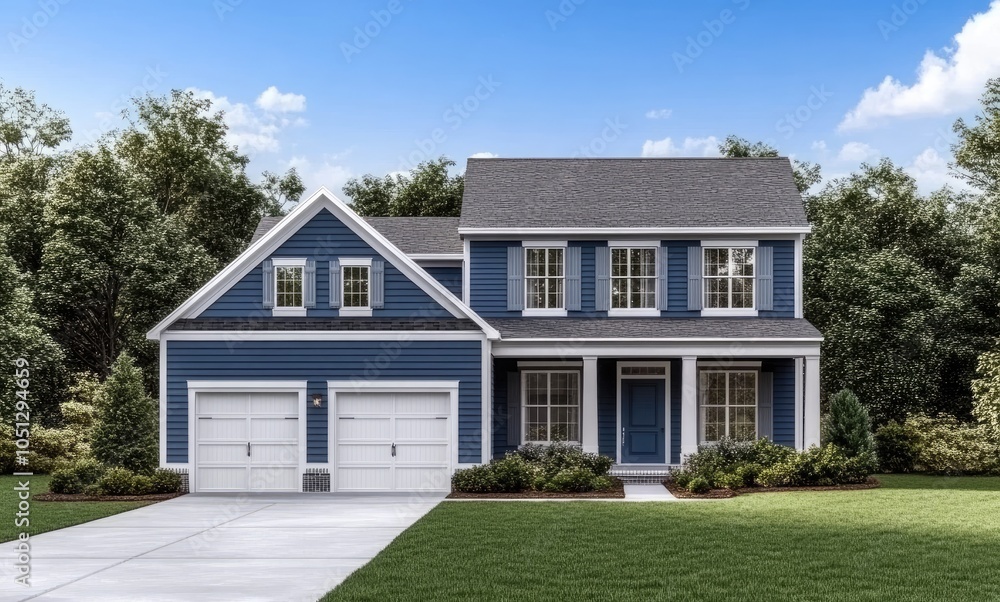 a blue and white colonial house with a front porch, gable roof, and shutters, set in a large yard with trees a blue and white colonial house with a front porch, gable roof, and shutters, set in a large yard with trees