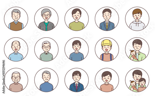 様々な年代の笑顔の日本人男性アイコン