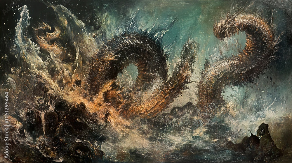 Mythical Sea Monster: A Dramatic Painting of a Powerful Creature Mythical Sea Monster: A Dramatic Painting of a Powerful Creature