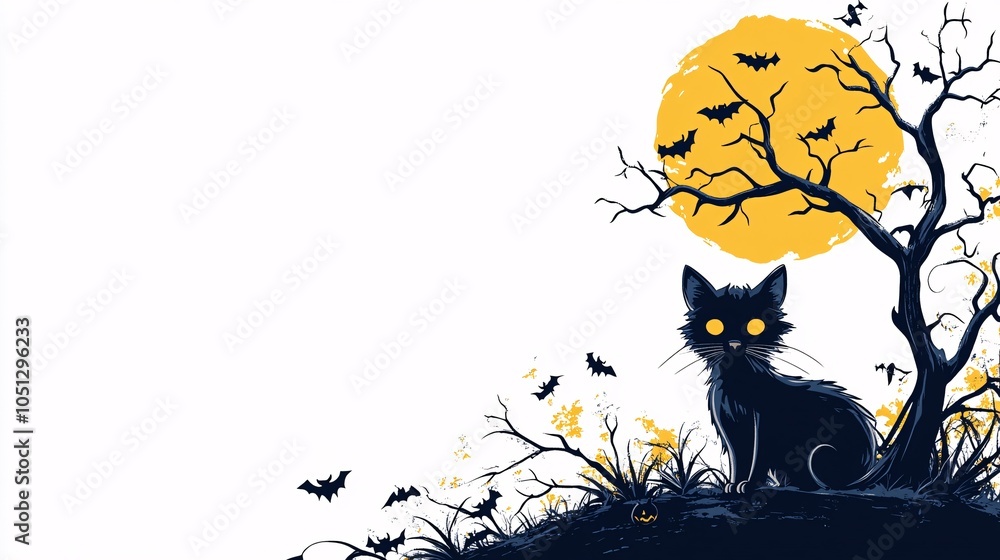 Spooky Halloween Night Black Cat Silhouette with Full Moon Spooky Halloween Night Black Cat Silhouette with Full Moon