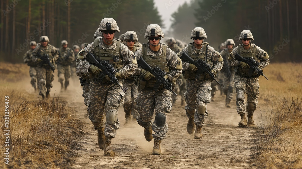 Fototapeta premium Soldiers Conducting Training Exercise in Open Field