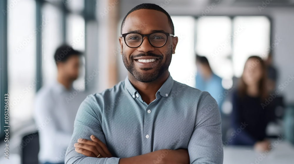 Fototapeta premium Portrait of a smiling business leader standing in a modern office with arms crossed, looking at the camera.