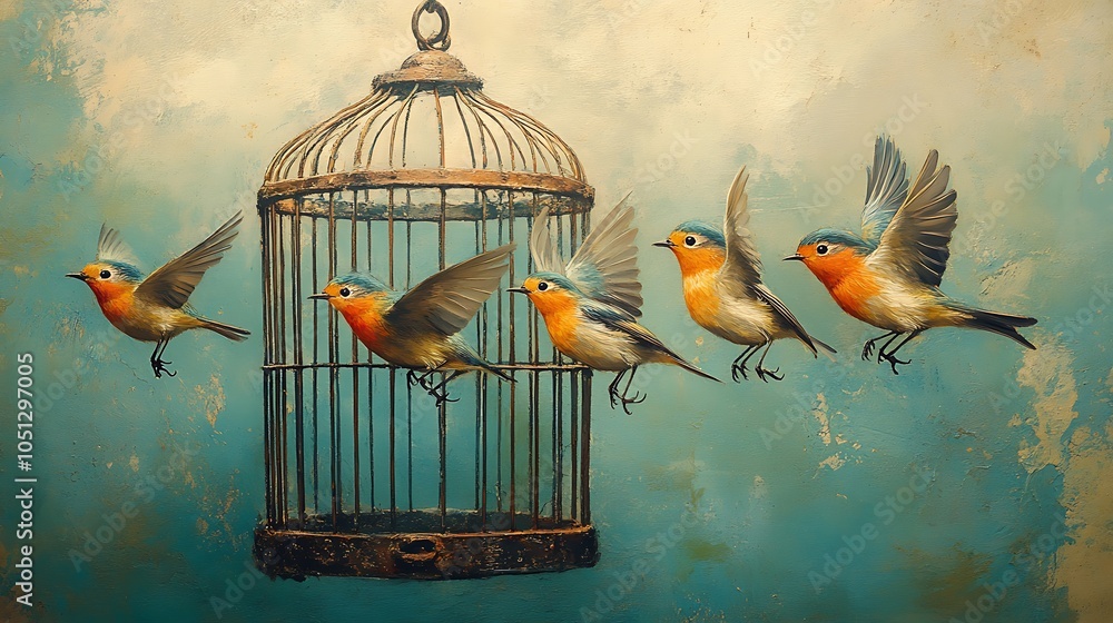 Fototapeta premium This artwork shows small birds escaping from a birdcage