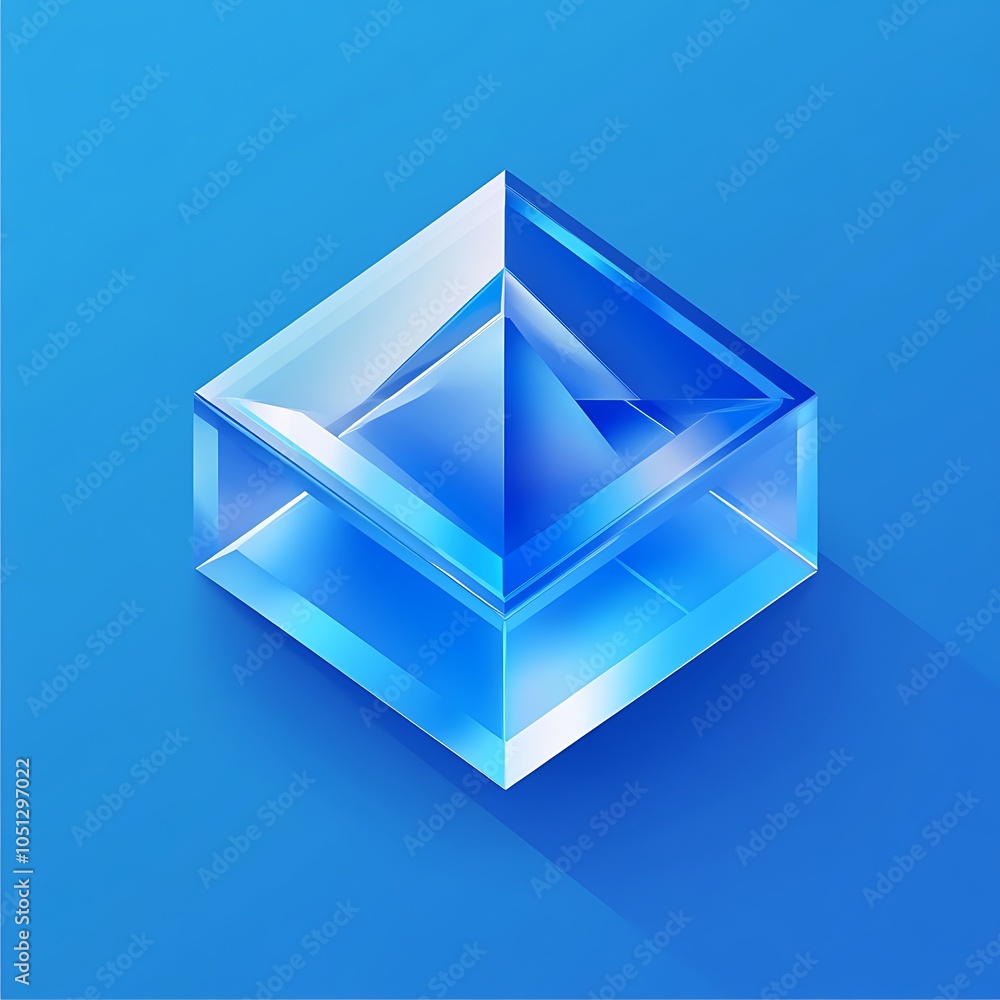 Minimalist isometric cube made of blue glass, blue background design, isosceles triangle in the middle, minimalism design, blue color theme design, illustration, Minimalist isometric cube made of blue glass, blue background design, isosceles triangle in the middle, minimalism design, blue color theme design, illustration,