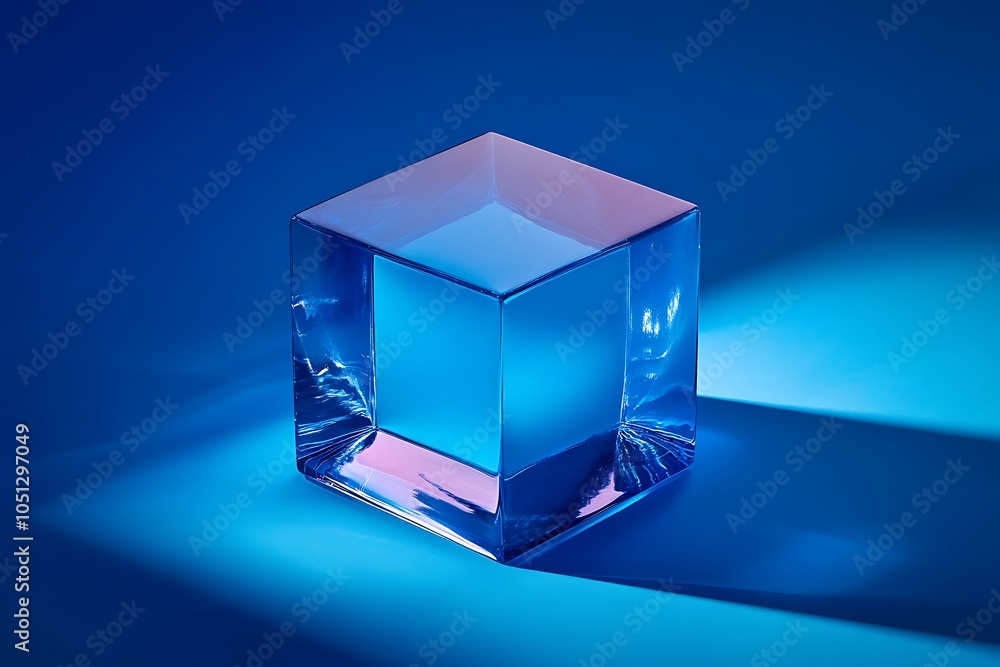 Minimalist isometric cube made of blue glass, blue background design, isosceles triangle in the middle, minimalism design, blue color theme design, illustration, Minimalist isometric cube made of blue glass, blue background design, isosceles triangle in the middle, minimalism design, blue color theme design, illustration,