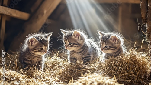 Kittens Playing in Hay Bales Inside a Barn