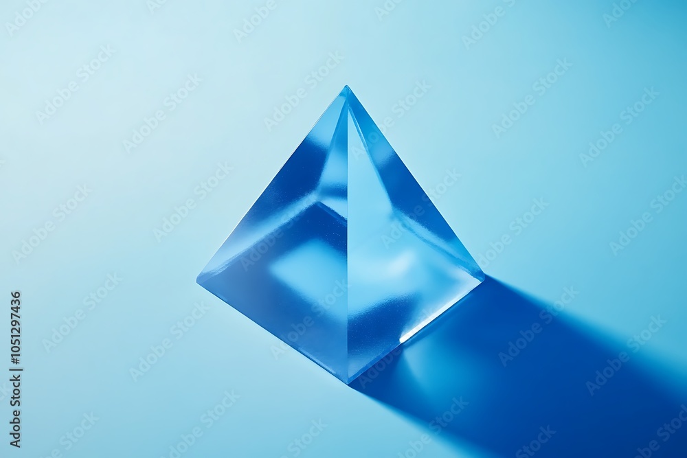 Fototapeta premium Minimalist isometric cube made of blue glass, blue background design, isosceles triangle in the middle, minimalism design, blue color theme design, illustration, 