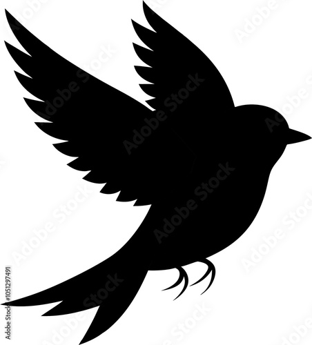 Black vector artwork illustration of a flying robin bird silhouette, capturing the graceful motion and elegance of this avian in a simple yet striking design. photo