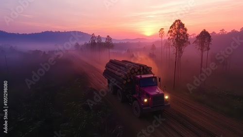 Majestic timber transport at dawn in a serene landscape