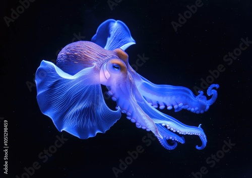 Exploring the depths of the ocean a stunning capture of a vibrant electric blue dumbo octopus with earlike fins in its natural habitat