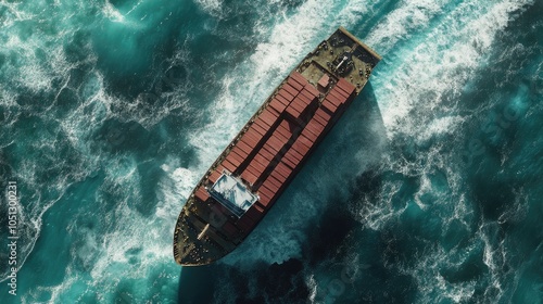 Overhead perspective of a container ship at sea