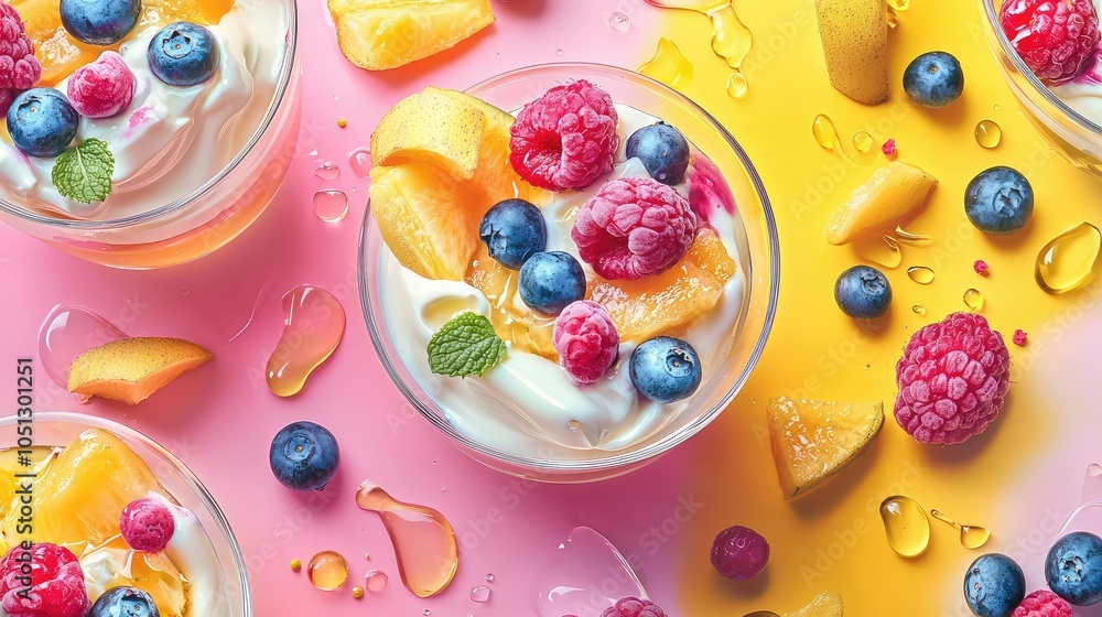 Fresh and Vibrant Healthy Dessert in Colorful Bowls Fresh and Vibrant Healthy Dessert in Colorful Bowls