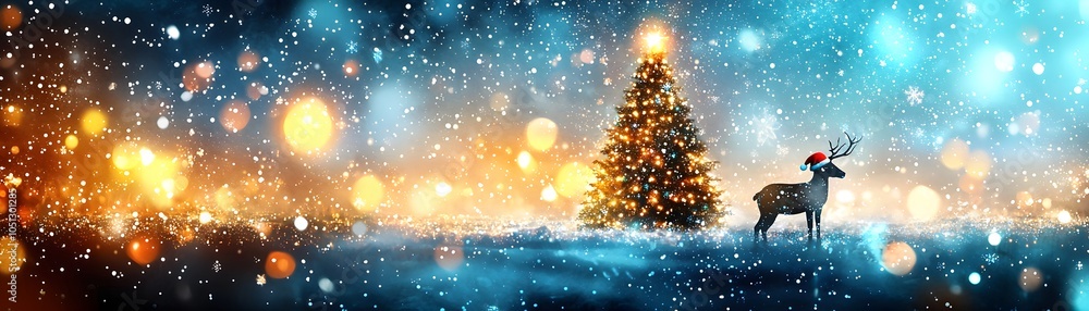 Christmas Deer and Tree in Snowy Landscape. Christmas Deer and Tree in Snowy Landscape.
