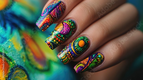 Vibrant Artistic Nail Art Design with Intricate Patterns