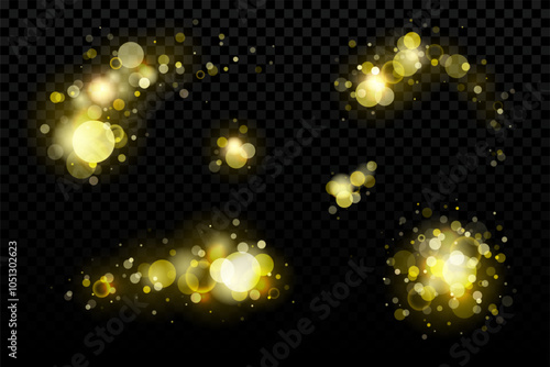 Gold bokeh effect vector set. Realistic transparent overlay background, magic golden shining with sparkles. Christmas night light glitter decoration.
