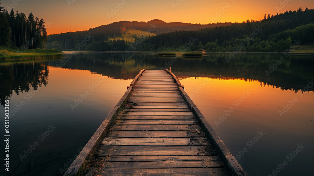 Fototapeta premium Landscape of the lake at sunset. Wooden pier on the calm lake and mountains