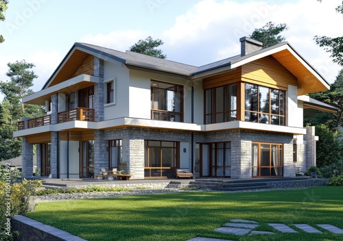 A two-story modern house with an exterior of brown wood and white walls, featuring large windows on the first floor to allow for natural light