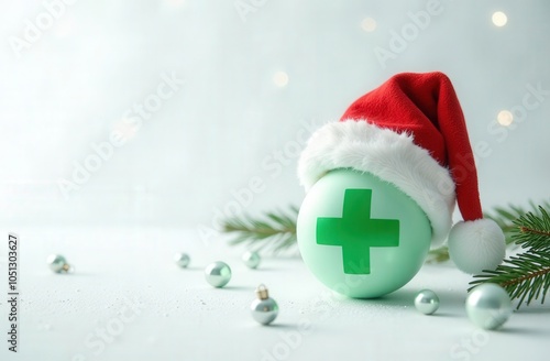 Green pharmacy cross with a Santa hat on a light, festive background. Minimalist design with copy space. Christmas and pharmacy or healthcare concept. Design for greeting card, banner, poster