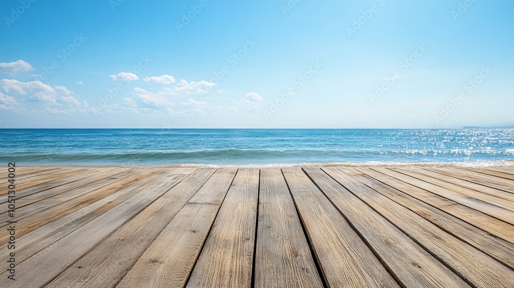 Wooden floor or plank on a sandy beach in summer with calm sea and blue sky, perfect for product display and mockups