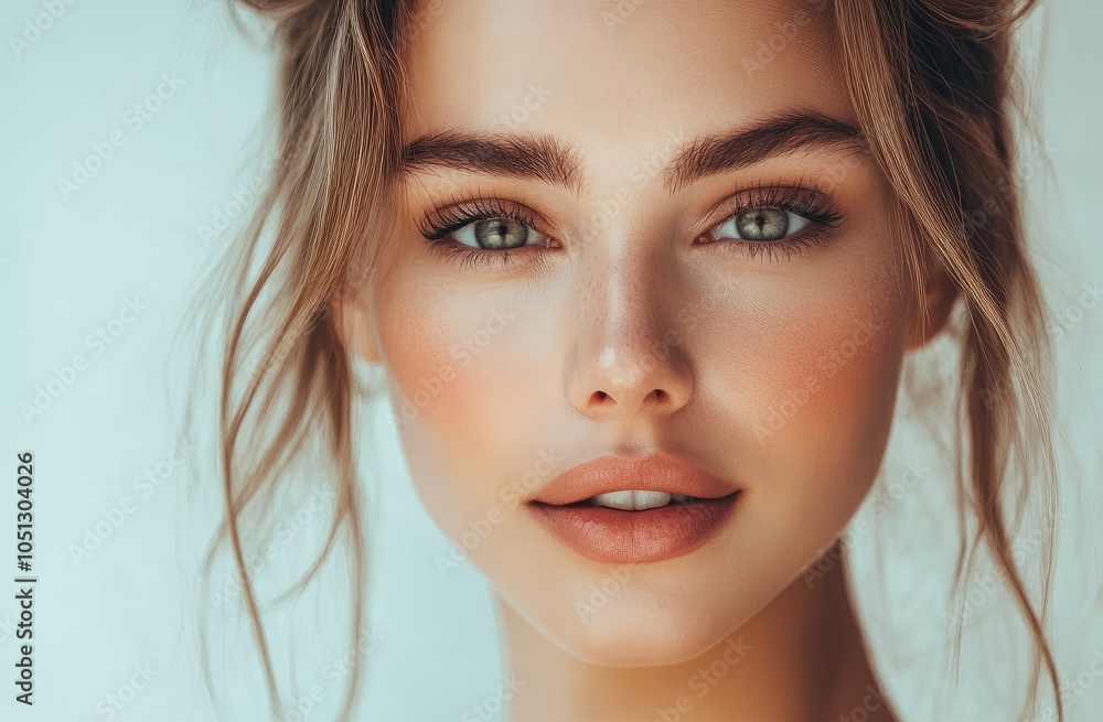 A portrait of an attractive woman with brown hair. She has flawless skin and is wearing makeup. A portrait of an attractive woman with brown hair. She has flawless skin and is wearing makeup.