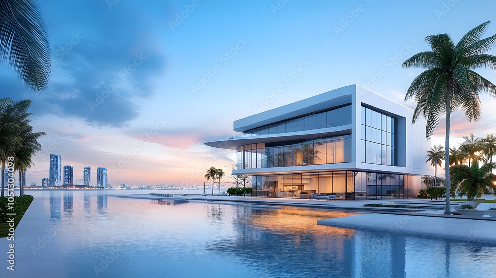 Modern waterfront house at sunset overlooking cityscape Modern waterfront house at sunset overlooking cityscape
