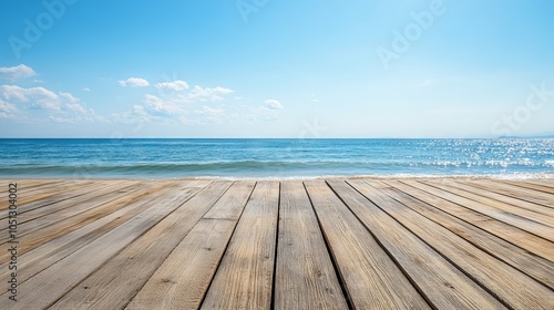 Obraz na płótnie Wooden floor or plank on a sandy beach in summer with calm sea and blue sky, perfect for product display and mockups w salonie