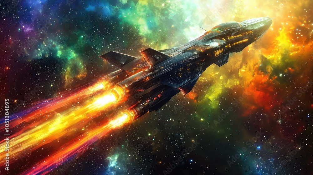 Spaceship Emerging from Hyperspace with Colorful Trails Spaceship Emerging from Hyperspace with Colorful Trails
