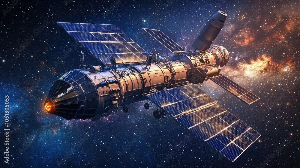 Futuristic Spaceship with Solar Panels in Space Futuristic Spaceship with Solar Panels in Space