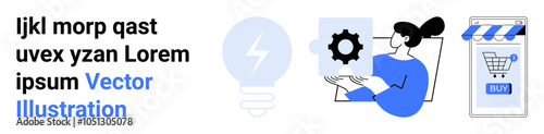A person examines a gear icon beside a light bulb and an online shopping cart. Ideal for technology, innovation, e-commerce, business, and digital solutions. Banner for landing page