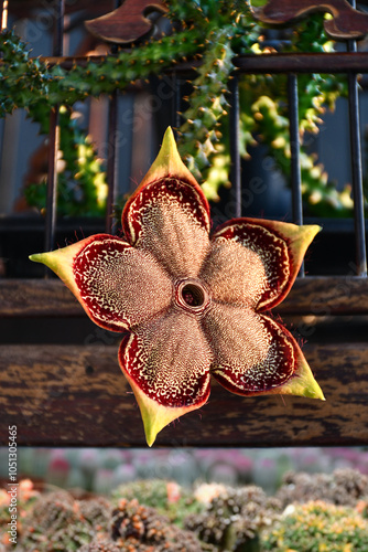 Big Persian carpet flower, Edithcolea grandis, hanging on a wooden bird cage. photo