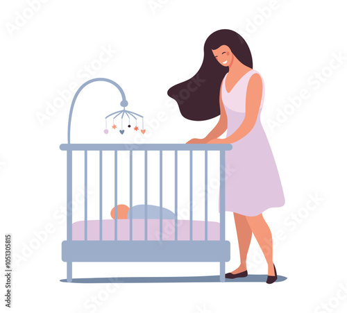 Mom standing by the bed with her newborn baby, motherhood and parenthood concept. Flat cartoon illustration.