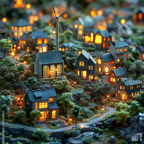 A miniature, hillside town with lit houses, trees, and a wind turbine. Roads and pathways are visible.

