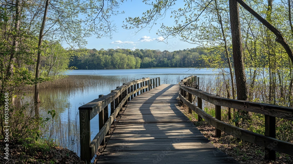 Fototapeta premium Serene Lakeside Walkway with Wooden Planks