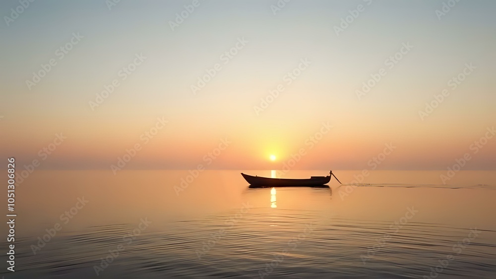 Solitary Boat on Calm Water at Sunset Solitary Boat on Calm Water at Sunset