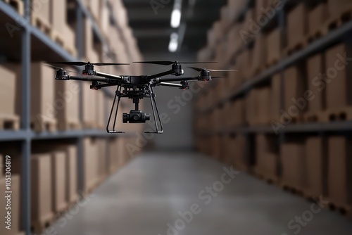 Drone in Warehouse: A black drone hovers in a warehouse aisle, ready for efficient inventory management and automation. It showcases the future of logistics and technology in action. 