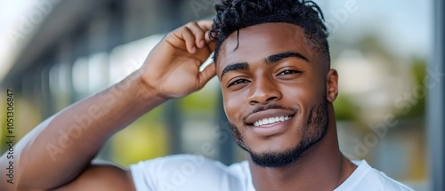 Handsome and cheerful man happily grooming and styling his hair using a comb portraying a positive and well groomed lifestyle photo