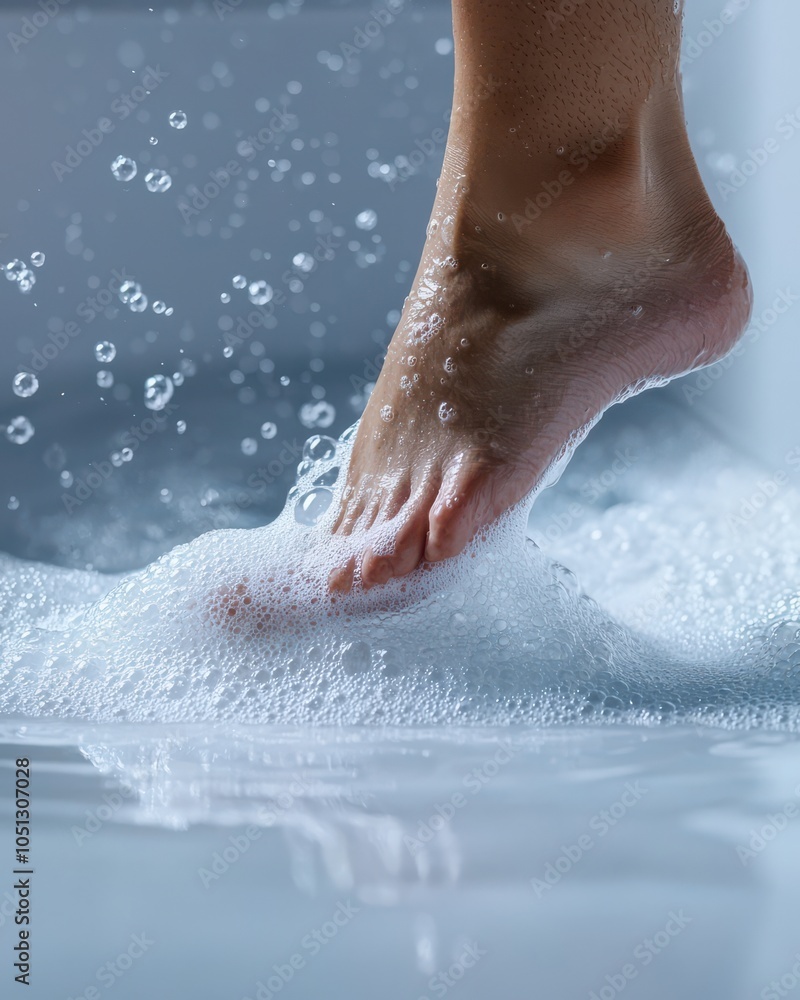 Fototapeta premium A close-up of a foot stepping into a bubble-filled bath with droplets of water splashing around.