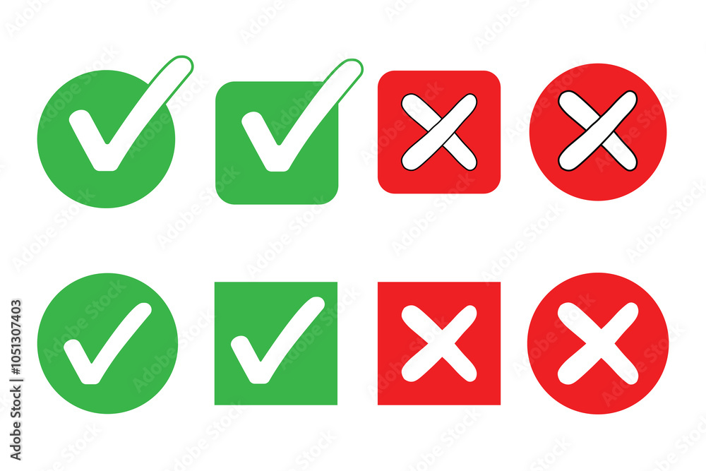 Right or wrong icons. Green tick and red cross checkmarks. Yes or no symbol, approved or rejected icon for user interface. Right or wrong icons. Green tick and red cross checkmarks. Yes or no symbol, approved or rejected icon for user interface.