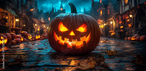 Carved Pumpkin with Face on Brick Path

