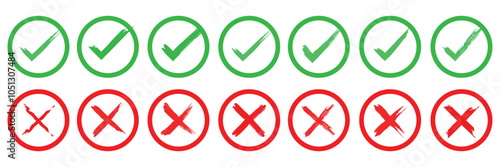 Check mark, tick and cross brush signs, green check mark OK and red X icons, symbols YES and NO button for vote, decision, election choice - vector