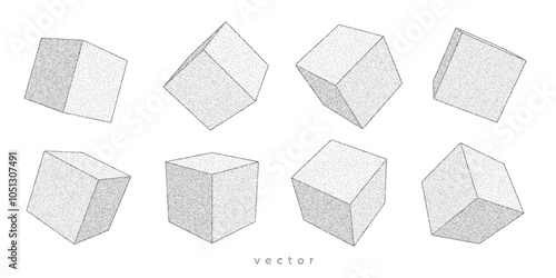 Geometric cubes made of dots. Blocks Linear geometric drawing.Vector illustration.