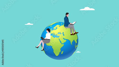 work anywhere, remote worker or freelancer, businessman and businesswoman working work wherever they want on earth