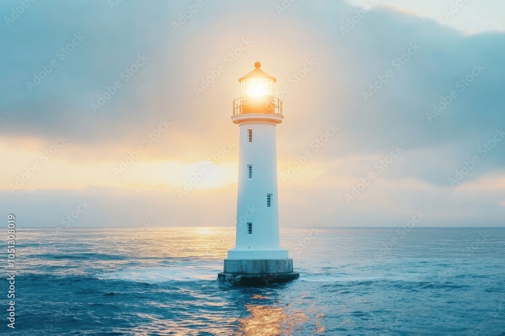 A lighthouse shining brightly over calm waters at sunset near the coast A lighthouse shining brightly over calm waters at sunset near the coast