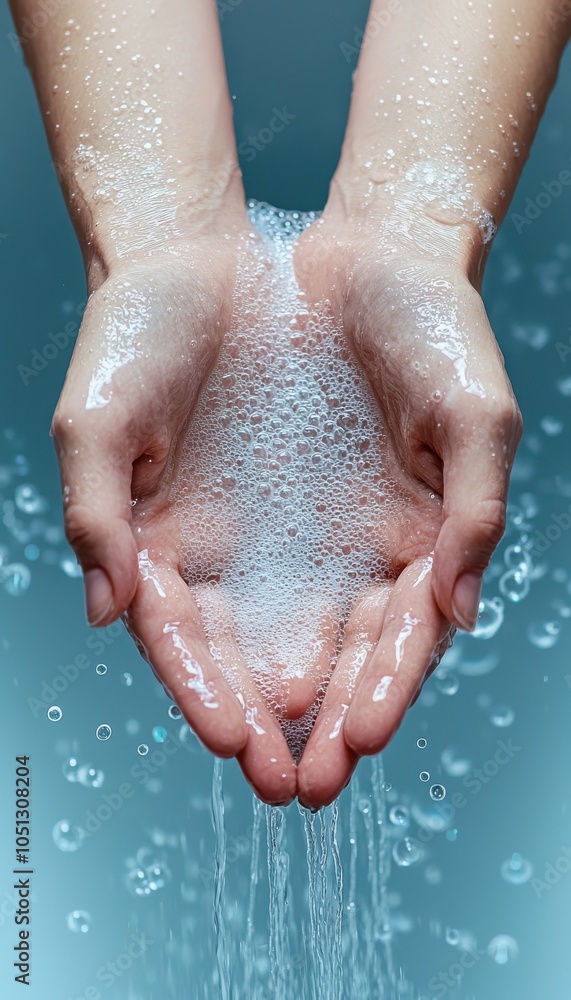 Fototapeta premium Hands cupping bubbles and water with a calming blue background, symbolizing cleanliness and freshness.