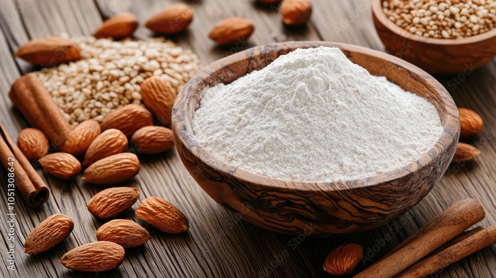 Almond flour in a wooden bowl, surrounded by nuts and spices on a rustic wooden table. Almond flour in a wooden bowl, surrounded by nuts and spices on a rustic wooden table.
