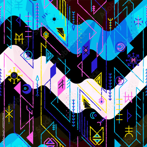 Neon Tribal Waves. Seamless pattern.