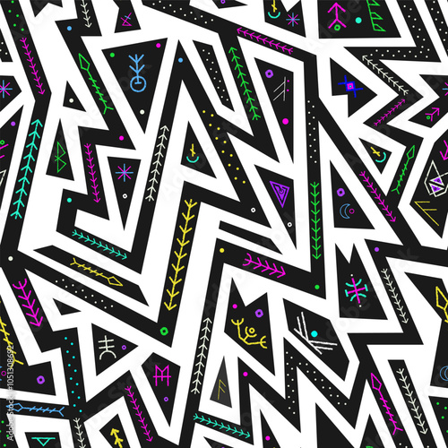 Monochrome geometric neon lines. Seamless pattern.